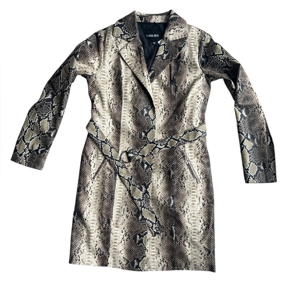 I. Am. Gia Black and Cream Snakeskin Trench Coat Belted Faux Leather Size XS